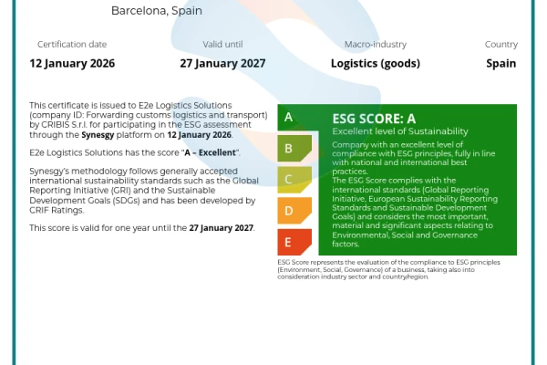 E2e Logistics Solutions, hemos obtenido la calificación ESG 